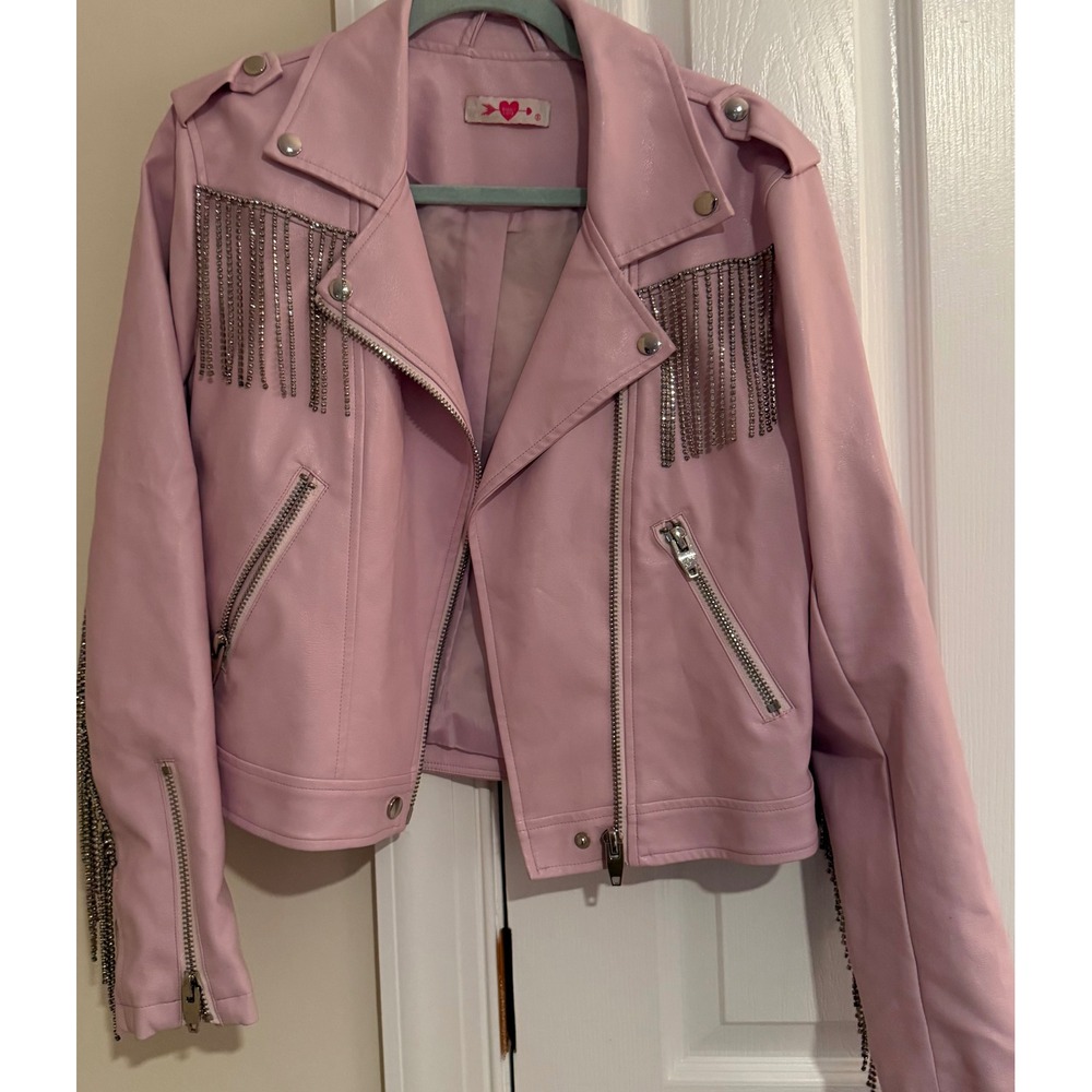 Buddy Love Rife-2 Pink Faux Leather Rhinestone Fringe Moto Jacket Womens Small